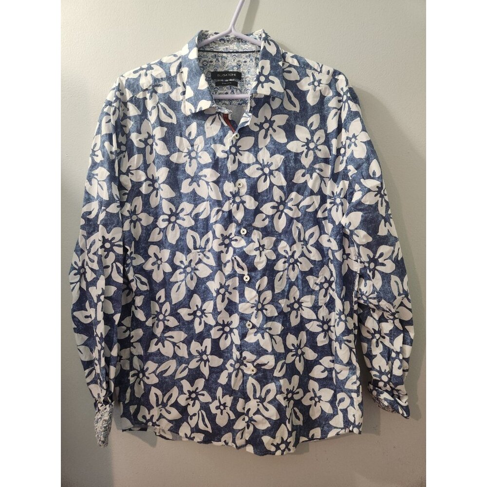 Bugatchi Men Shirts Long Sleeves Large White And Blue Pre-Owned